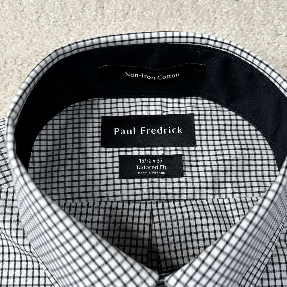 Paul Fredrick Tailored Fit Button Down Shirt Mens 15.5x35 Non Iron Gingham Black - Picture 3 of 8